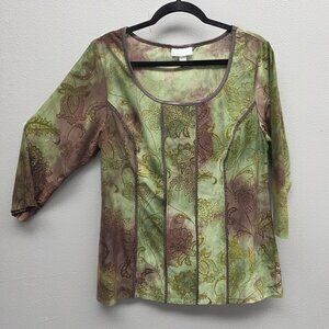 Dressbarn Shirt Womens 1X Green Brown Paisley 3/4 Sleeve Scoop Neck Stretch